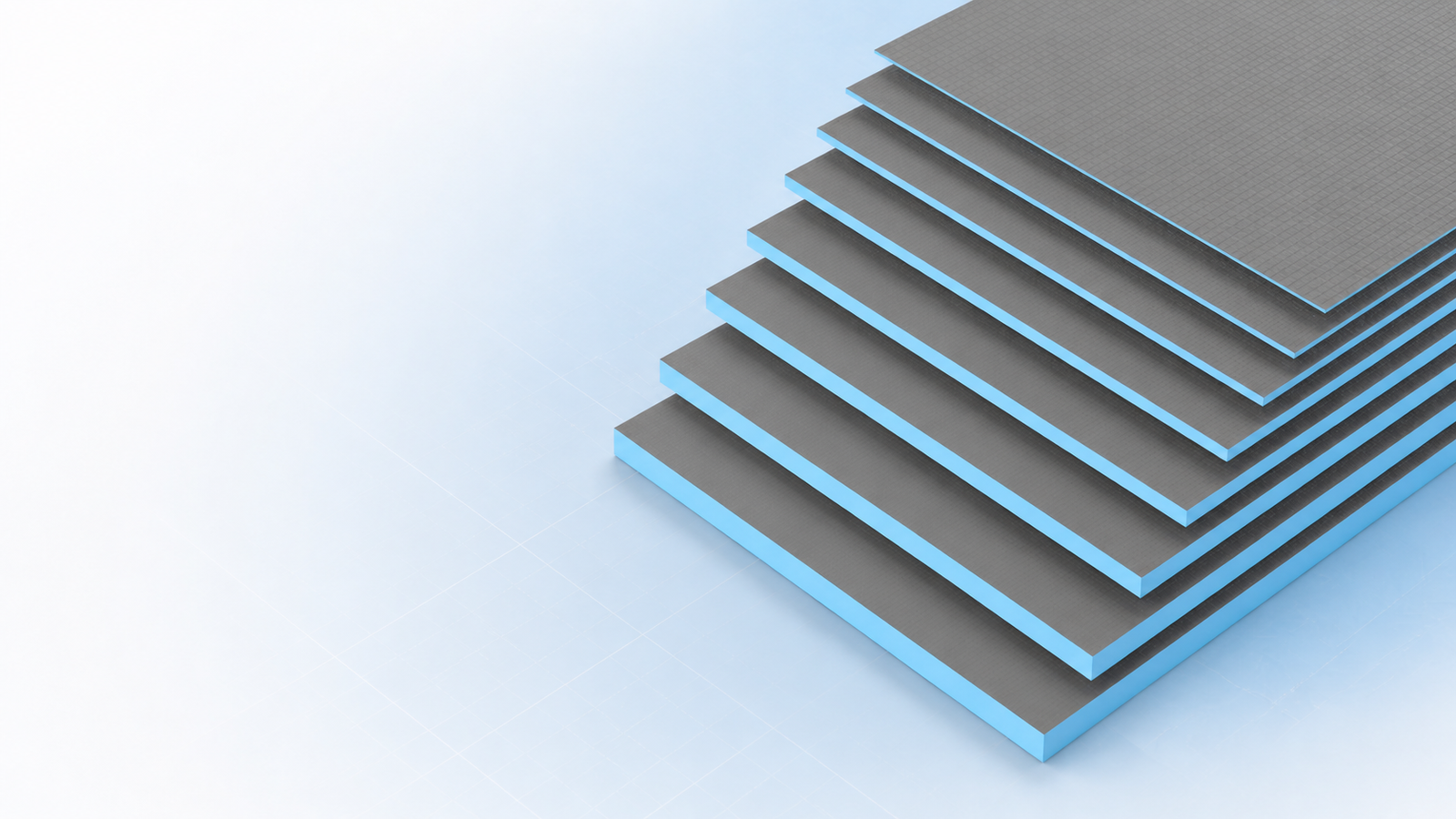Stacked XPS tile backer boards with grey reinforced faces and blue cores
