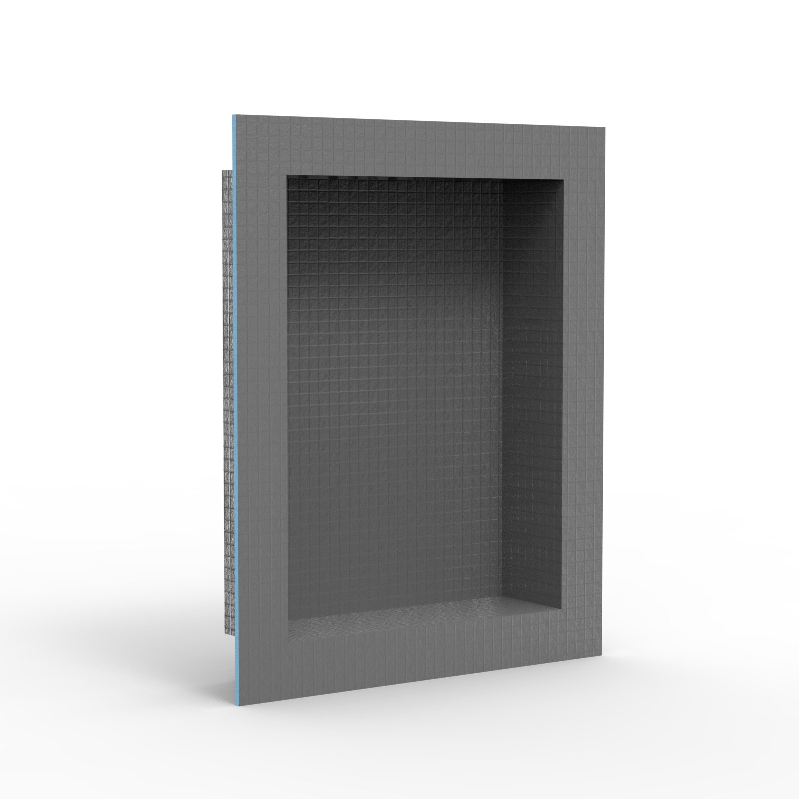 Prefabricated grey wall niche with a blue XPS core
