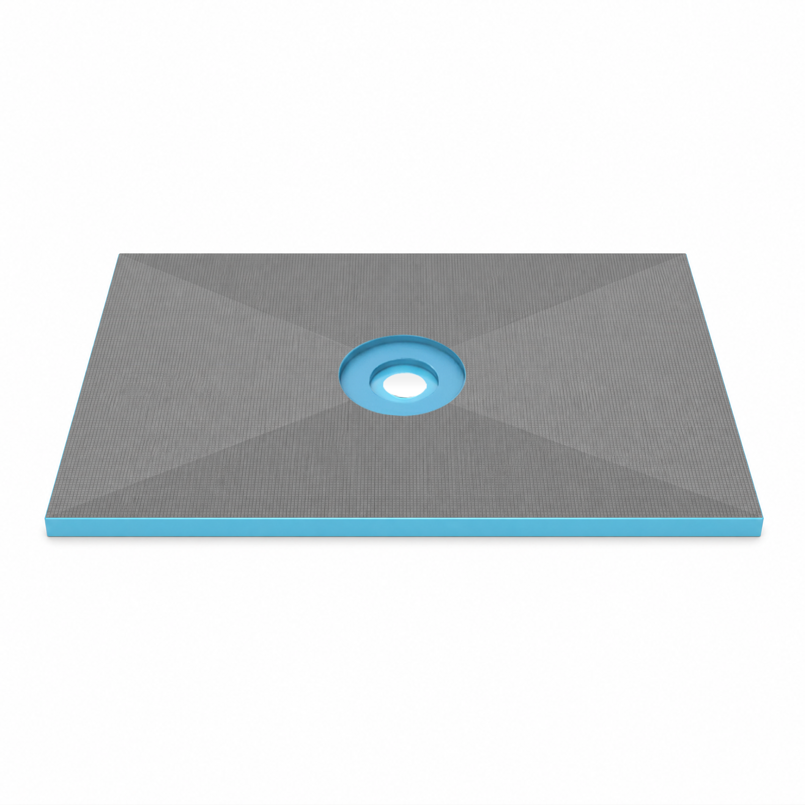 Grey shower tray with a blue XPS core and center drain opening