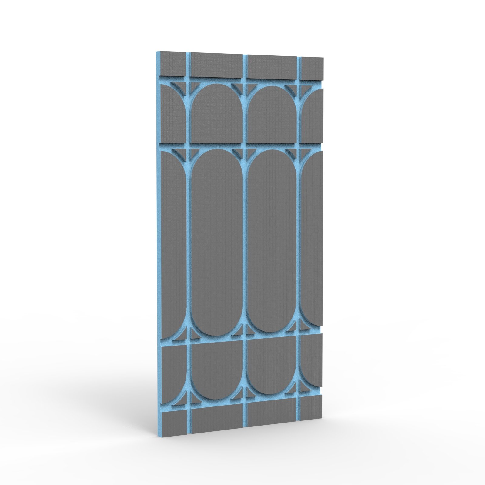 Grooved underfloor heating board with grey faces and a blue XPS core